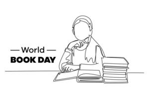 One continuous line drawing of world book day concept. Doodle vector illustration in simple linear style.