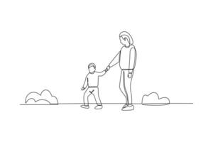 One continuous line drawing of People walking, playing, riding bicycle at city park. Activities outdoors concept. Doodle vector illustration in simple linear style.