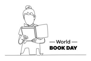 One continuous line drawing of world book day concept. Doodle vector illustration in simple linear style.