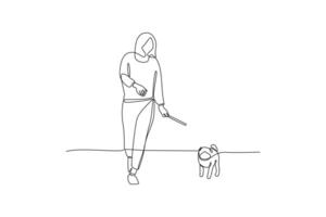 One continuous line drawing of People walking, playing, riding bicycle at city park. Activities outdoors concept. Doodle vector illustration in simple linear style.