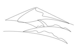 One continuous line drawing of Landscape with green grass, trees, sky horizon and Mountains. Nature concept. Doodle vector illustration in simple linear style.