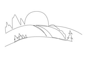 One continuous line drawing of Landscape with green grass, trees, sky horizon and Mountains. Nature concept. Doodle vector illustration in simple linear style.