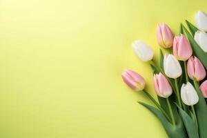 AI generated Mother's Day, Women's Day concept. Top view photo of pink yellow and white tulips on isolated light green background with copyspace