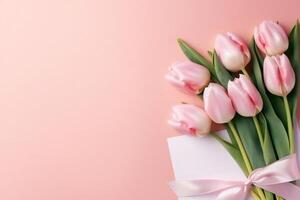 AI generated Flowers creative composition. Mother woman day. Bouquet of pink tulips flower on pastel pink background. mock up. top view, copy space. top. flat lay photo