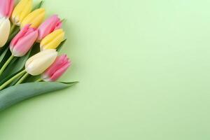 AI generated Mother's Day, Women's Day concept. Top view photo of pink yellow and white tulips on isolated light green background with copyspace