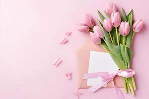 AI generated Flowers creative composition. Mother woman day. Bouquet of pink tulips flower on pastel pink background. mock up. top view, copy space. top. flat lay photo