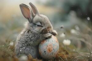 ai generado linda conejito abrazo Pascua de Resurrección huevo foto