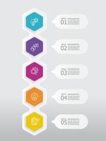 vertical round hexagon steps timeline infographic element report background with business line icon 5 steps vector