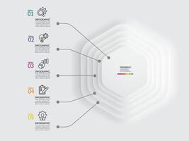 round hexagon pyramid steps timeline infographic element report background with business line icon 5 steps vector