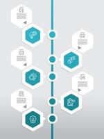 vertical round hexagon steps timeline infographic element report background with business line icon 5 steps vector