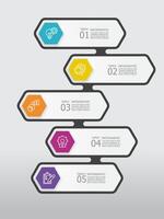 vertical round hexagon steps timeline infographic element report background with business line icon 5 steps vector