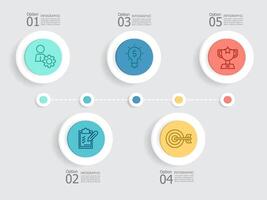 horizontal circle steps timeline infographic element report background with business line icon 5 steps vector