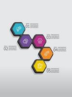 vertical round hexagon steps timeline infographic element report background with business line icon 5 steps vector