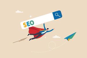 seo buscar motor mejoramiento a aumentar sitio web clasificación en buscar resultado página, márketing estrategia a conducir más tráfico a sitio web concepto, empresario superhéroe volador alto con seo buscar caja. vector