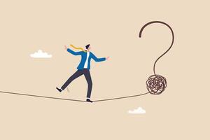 Uncertainty, unknown problem, challenge to overcome or investment risk, find out solution for business difficulty, adversity or determination, businessman acrobat rope walking to find question mark. vector