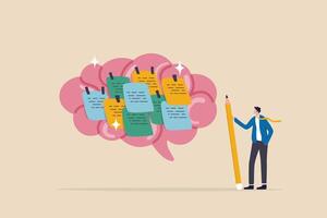 idea memorándum, idea genial o melé pegajoso notas, productivo plan, memoria o tarea recordatorio, mente mapa para trabajo acuerdo, pensamiento y sabiduría concepto, empresario escribir pegajoso notas en humano cerebro. vector