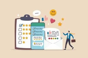 Customer survey, feedback to improve service, online and offline survey, review or poll rating, user satisfaction report or questionnaire concept, man with survey on clipboard paper, mobile and email. vector