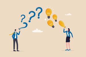 Question and answer, FAQ frequently asked questions, asking and reply to solve problem, help information, solution or q and a session concept, business people with question mark and lightbulb bubble. vector