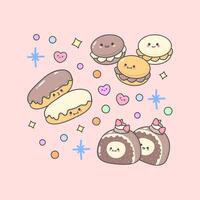 dessert cake pastry macaroon eclair rollcake with cute facial expressions and pastel colour vector