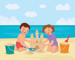 Cute kids building sand castle having fun on the beach on summer holiday vector