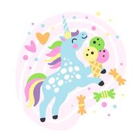 linda unicornio con dulces vector ilustración