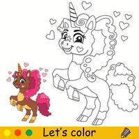 niños colorante unicornio con Rizado melena vector