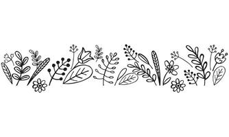 hand drawn border from vector plants, brunch of flowers, sketch of leaves, flowers, buds, herbs, grass, inked silhouette of leaves, monochrome illustration isolated on white background
