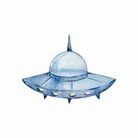 Watercolor cute blue UFO, space illustration vector