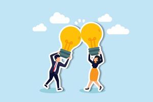 unir ideas, sinergizar o colaborar para soluciones, idea genial, trabajo en equipo o conjuntamente innovar para genial ideas concepto, empresario, mujer de negocios unirse o combinar bombilla idea para mejor resultado. vector