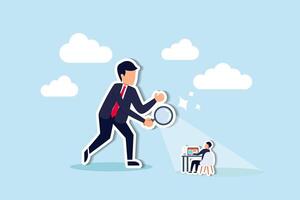 Toxic micromanagers excessively supervise, controlling every detail of employee work, fostering a toxic environment, micromanager boss using magnifying glass keep looking at employee working. vector