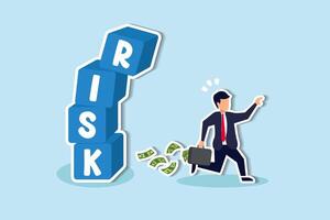 Avoid risk, minimize uncertainty, prioritize safety in investment decisions seek security and stability concept, businessman investor run away from risk collapsing box. vector