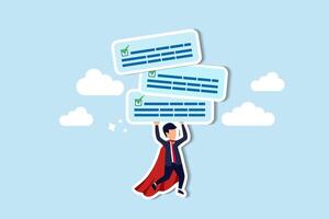 Efficiently manage tasks with project plans or lists, ensuring productivity to meet deadlines and organizing project checklists for efficiency, businessman superhero flying with completed task boards. vector