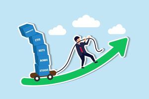 Diversifying portfolio with investment assets for effective wealth management and asset allocation concept, smart investor pulling boxes with label stocks, ETFs, bonds, REITs and commodities. vector