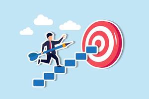 Striving for success, navigating growth, and embracing challenges en route to business goals concept, cheerful businessman carrying dart step on stairway to reach dartboard bullseye. vector