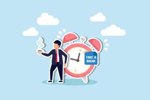 Take a break, enjoy a coffee to relax and refresh, escaping boredom, sleepiness, and fatigue from long intervals of stress concept, relax businessman with a cup of coffee or tea with alarm clock. vector