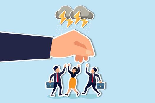 empleado cuidado beneficios seguro, proteccion, jefe salvaguardar equipo, líder ayudando empleados concepto, gigante empresario mano cubrir equipo miembro desde tormenta de lluvia. vector