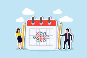 Manage tasks with calendar, track projects with timeline, plan business with reminders concept, smart businessman and woman office worker holding big pencils discussing project timeline calendar. vector