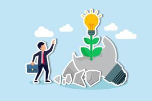 Failing sparks success, driving aspiration, innovation, learning from mistakes, and motivating achievement, cheerful businessman look at seedling bright lightbulb idea plant grow from broken one. vector