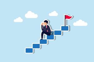 Fear of failure breeds anxiety, hindering career development, causing reluctance to progress, contributing to midlife crises concept, depressed businessman give up alone on stairway to success goal. vector