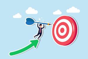 Successful business goal attainment is crucial for target achievement concept, businessman leader holding dart running from rising graph arrow and jump to bullseye target to win in business strategy vector