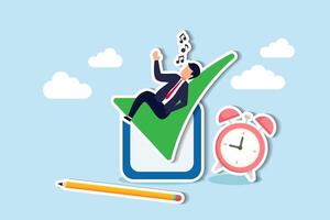 Effortlessly meeting deadlines, enhancing efficiency and productivity, ticking off tasks, completing checklists with ease  concept, businessman relax sleep on complete checkbox with alarm clock. vector