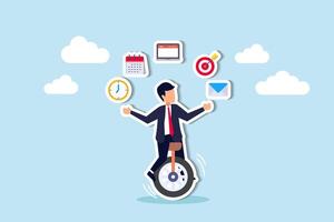 Mastering productivity, project management, multitasking, and time management maximizes output concept, skillful businessman riding unicycle juggling elements, laptop, calendar, ideas and emails. vector