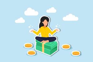 Financial wellbeing involves managing money wisely, saving, investing, and accumulating wealth through income or wages concept, success woman lotus meditating on pile of money banknotes and coin. vector