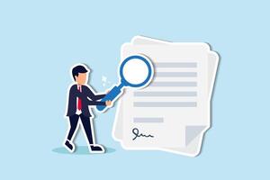 Verify documents, validate agreements or contracts, conduct financial or budget analysis, search for document files concept, businessman manager holding big magnifying glass checking document paper. vector