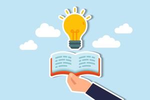 Embracing knowledge through education, acquiring skills, fostering creativity, seeking inspiration books, and uncovering wisdom in literature concept, hand hold open book to discover lightbulb idea. vector