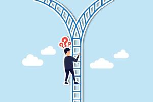 Decision making involves selecting options or pathways to success, determining the direction toward achieving targets concept, confused businessman climb up ladder and found crossroad to make decision vector