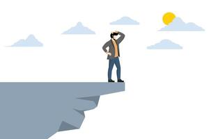 Investment risk or financial fallout due to economic recession, fear of losing money or paying back debt, businessman standing on the edge of a cliff in the sky looking down because of fear of heights vector