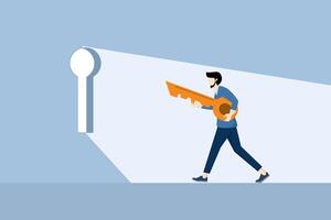 Concept of key to success, secret of open door to develop business, career path opportunity or goal achievement, confident businessman holding golden key and running to keyhole to achieve target. vector