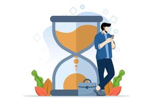 Time management concept. The character looks at the hourglass and tries to organize and organize work and life time. Isolated flat cartoon vector illustration.