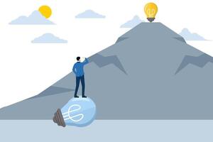 looking for clear ideas seeing future opportunities, challenges overcoming difficulties seeing real visionary concepts, Businessman with binoculars looking at ideas at the top of the mountain. vector